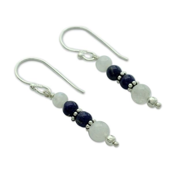 Alternate image for Rainbow Moonstone and Lapis Lazuli Dangle Earrings Gujarat Skies