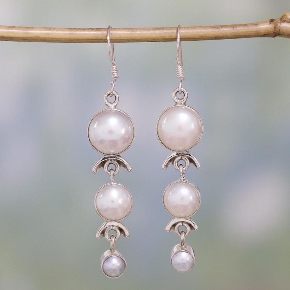 Pearl Earrings Handcrafted Bridal Sterling Silver Jewelry 'Three Moons'