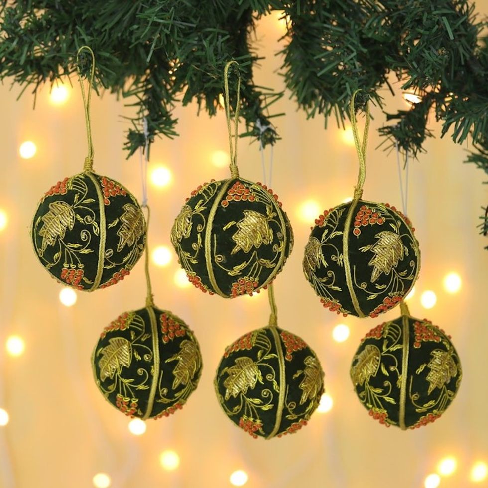Fair Trade Beaded Christmas Ornaments Set of 6 'Forest Bliss'