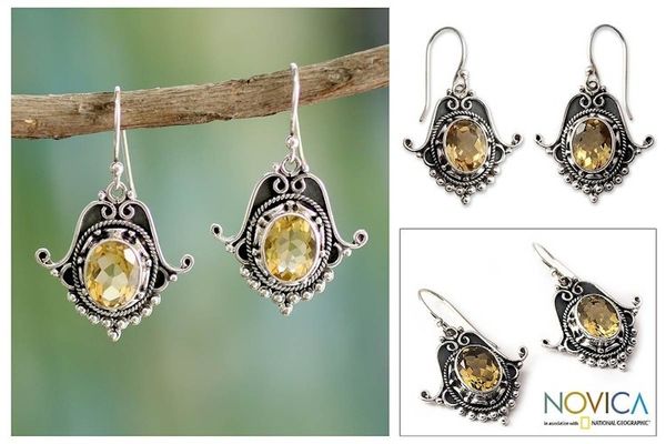 Alternate image for Citrine Earrings in Sterling Silver Jewelry from India Jaipuri Glam
