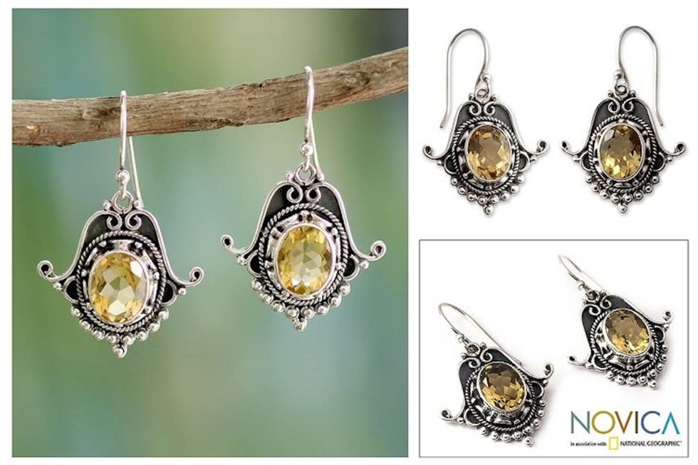 Citrine Earrings in Sterling Silver Jewelry from India 'Jaipuri Glam'