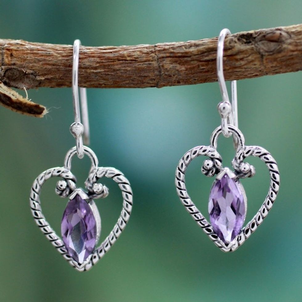 Amethyst Heart Earrings in Sterling Silver from India 'Mystic Love'