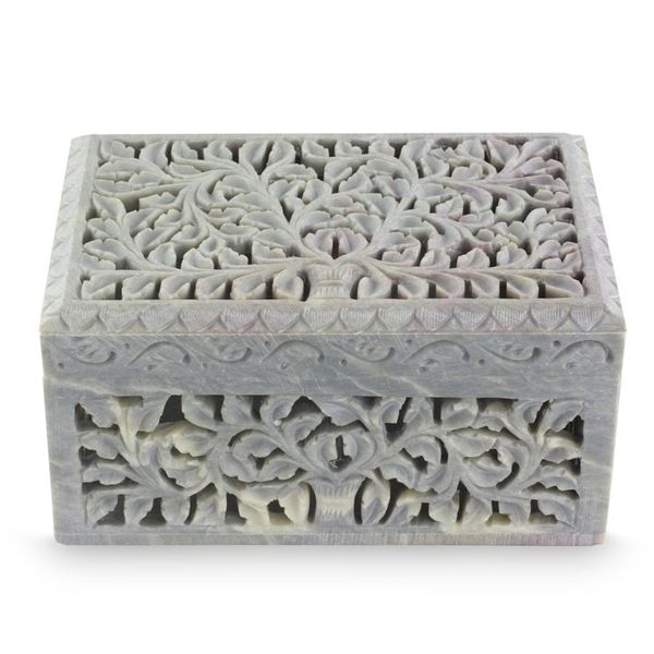Alternate image for Hand Carved Jali Soapstone Jewelry Box Honeysuckle