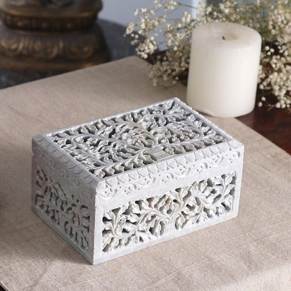 Alternate image for Hand Carved Jali Soapstone Jewelry Box Honeysuckle