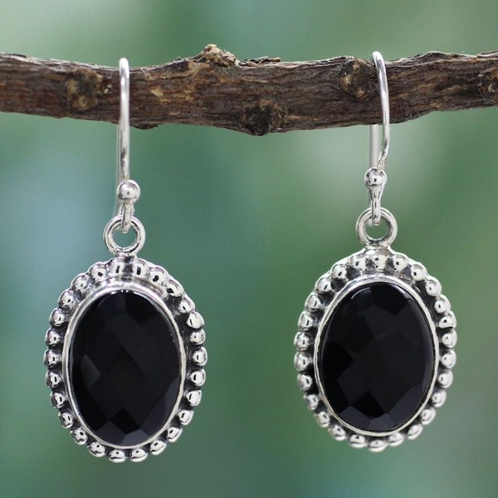 Sterling Silver and Onyx Dangle Earrings 'Be Mesmerized'