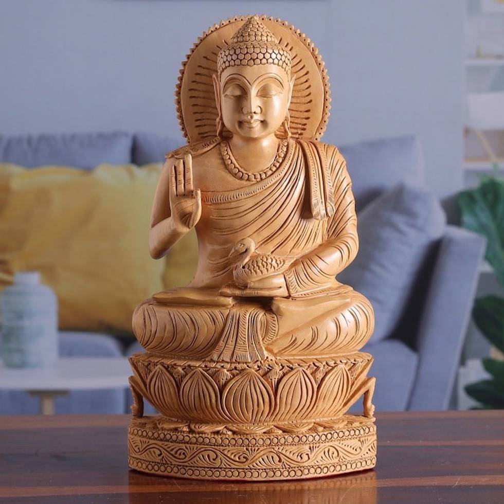 Indian Karma Wood Sculpture 'Benevolent Heart of Buddha'