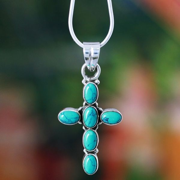 Alternate image for Turquoise Colored Cross Sterling Silver Pendant Necklace Sky Blue Cross