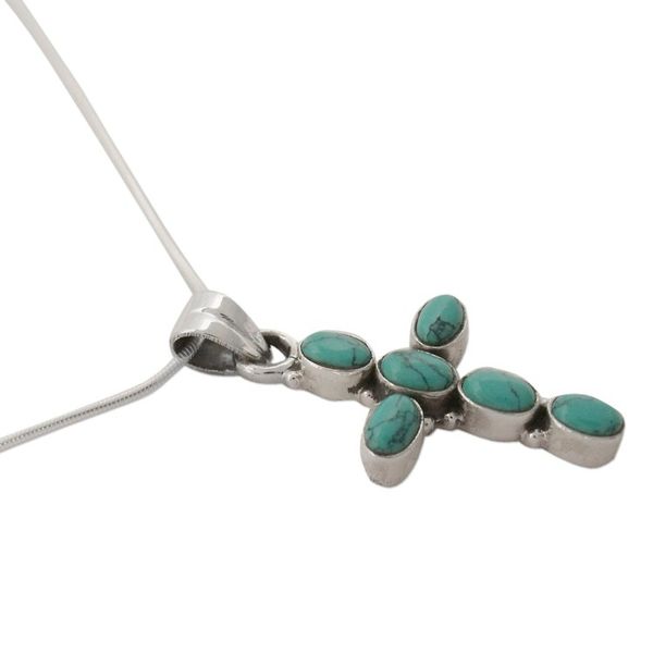 Alternate image for Turquoise Colored Cross Sterling Silver Pendant Necklace Sky Blue Cross