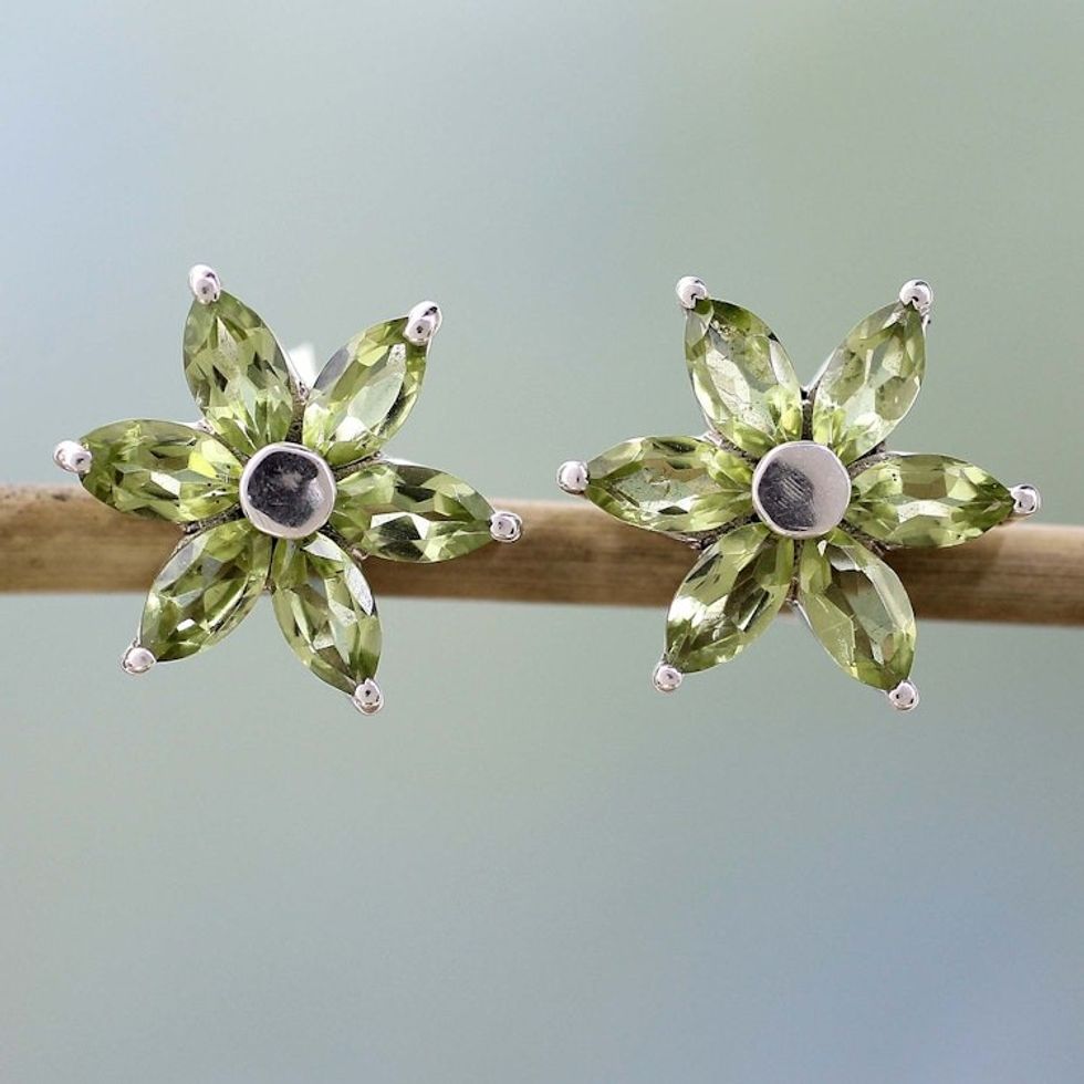 Women's Floral Sterling Silver Button Peridot Earrings 'Summer Blossom'