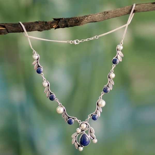 Alternate image for Pearl Lapis Lazuli and Sterling Silver Necklace from India Tropical Fruit
