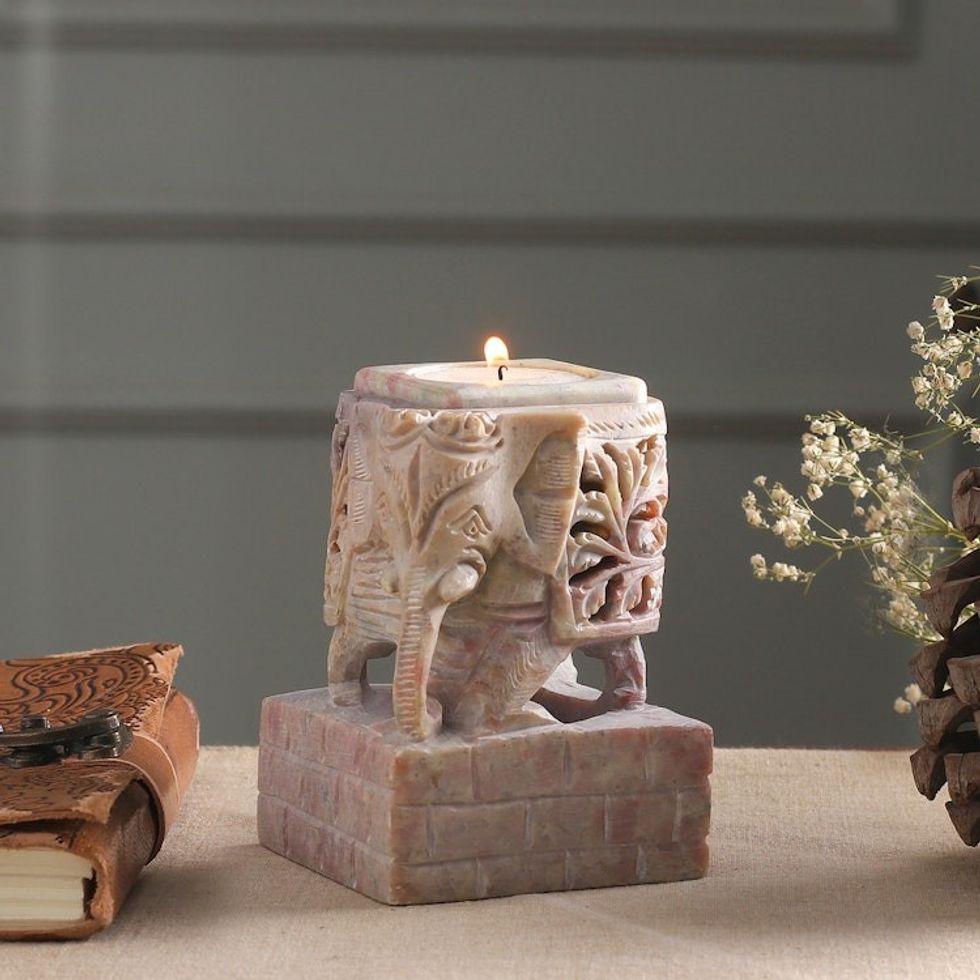 Animal Themed Candle Holder Soapstone Elephant Pair Set 'Floral Elephants'