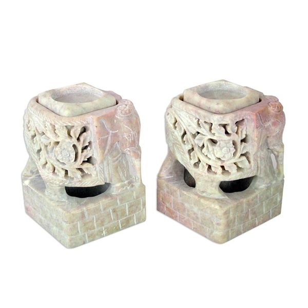 Alternate image for Animal Themed Candle Holder Soapstone Elephant Pair Set Floral Elephants