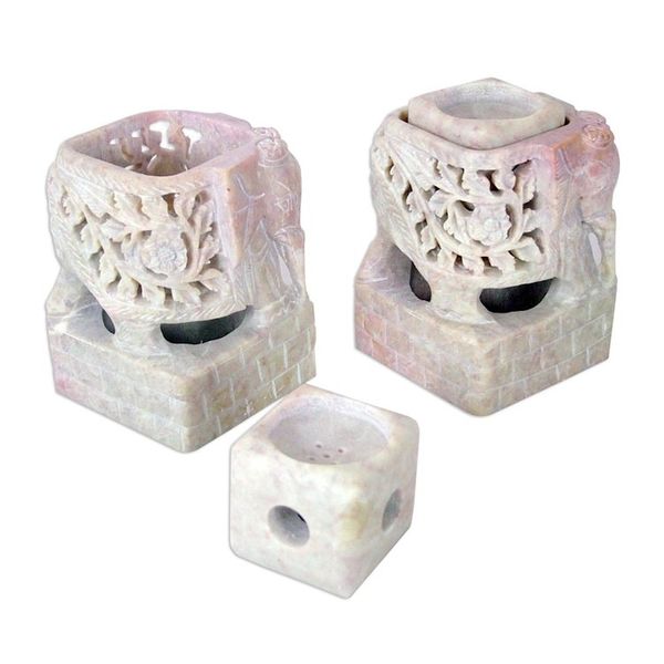 Alternate image for Animal Themed Candle Holder Soapstone Elephant Pair Set Floral Elephants