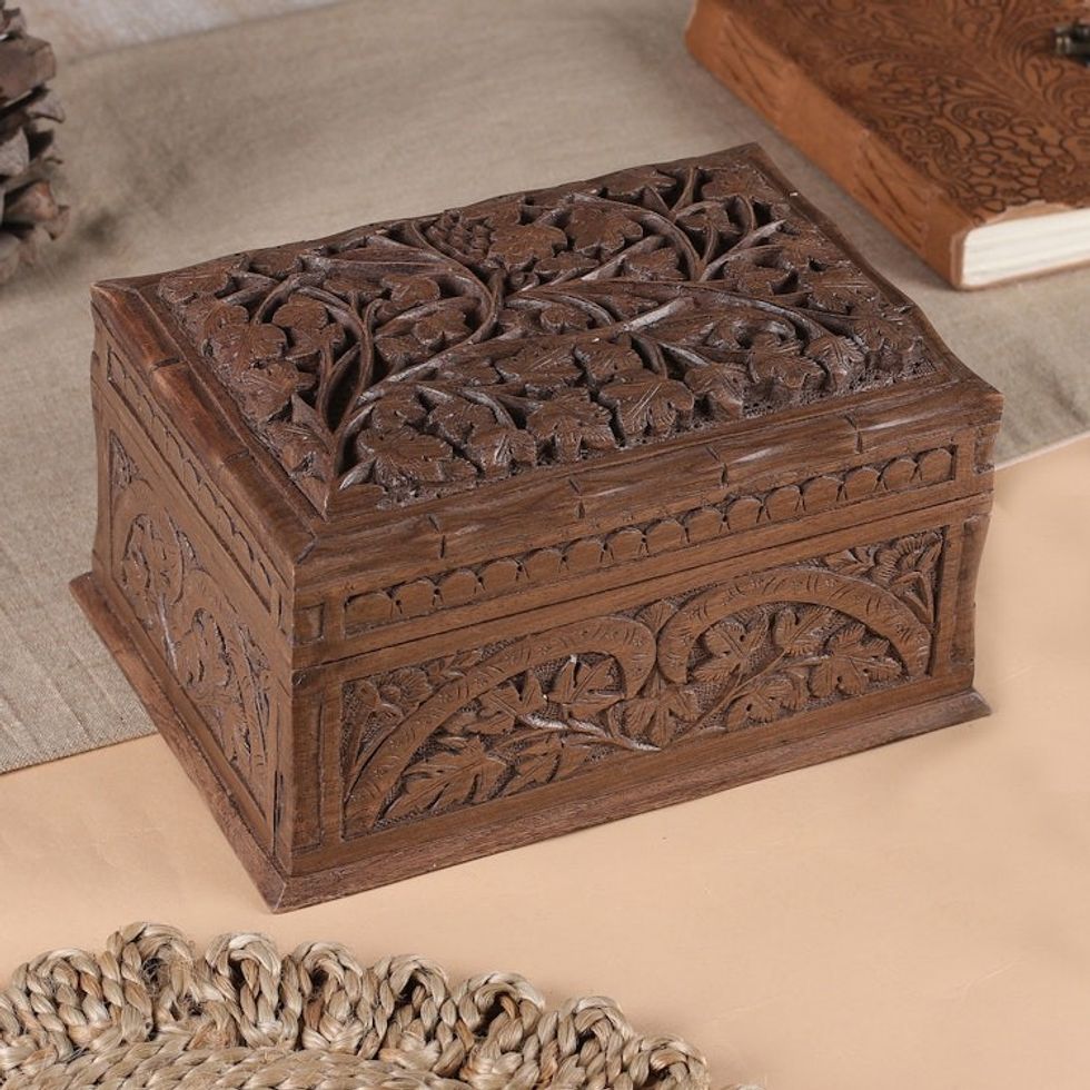 Hand Carved Wood Jewelry Box 'Rampant Nature'