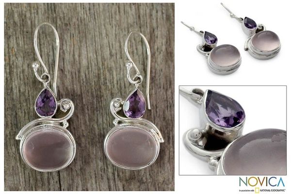 Alternate image for Rose Quartz and Amethyst Earrings on Sterling Silver Mumbai Dawn