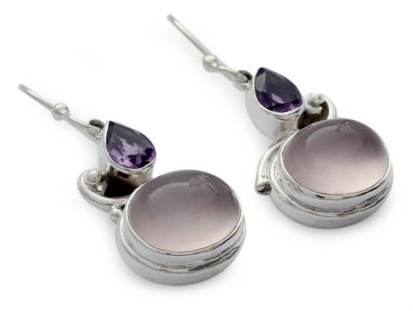Alternate image for Rose Quartz and Amethyst Earrings on Sterling Silver Mumbai Dawn