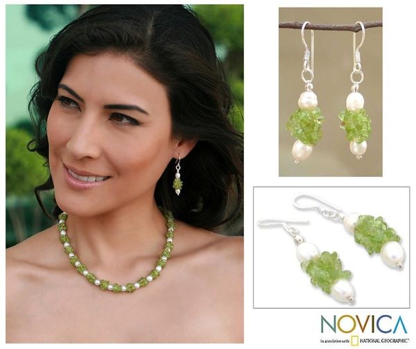 Alternate image for Artisan Crafted Peridot and Pearl Earrings from India Marshmallow and Lime