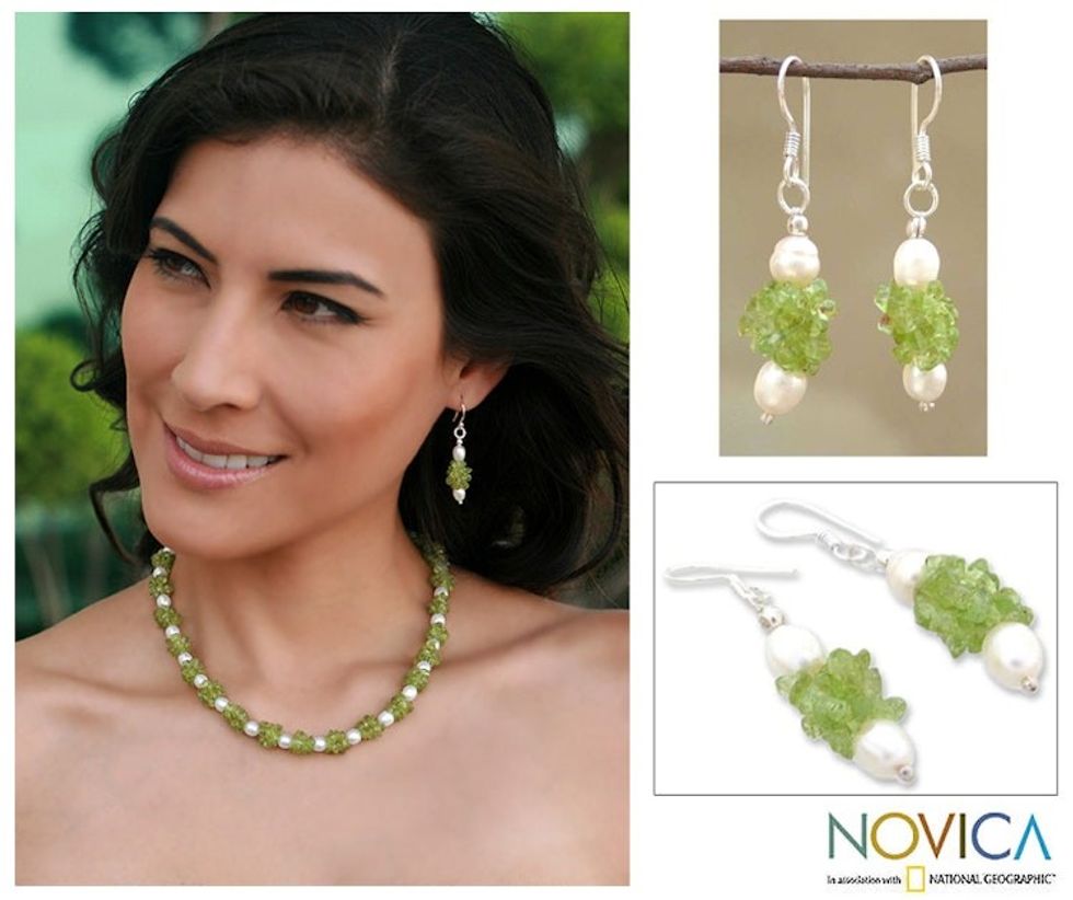 Artisan Crafted Peridot and Pearl Earrings from India 'Marshmallow and Lime'