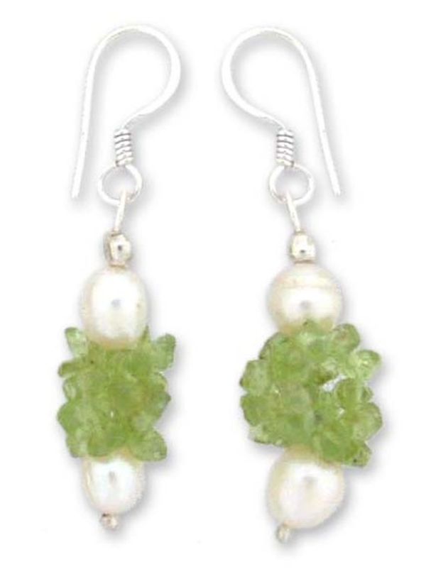 Alternate image for Artisan Crafted Peridot and Pearl Earrings from India Marshmallow and Lime