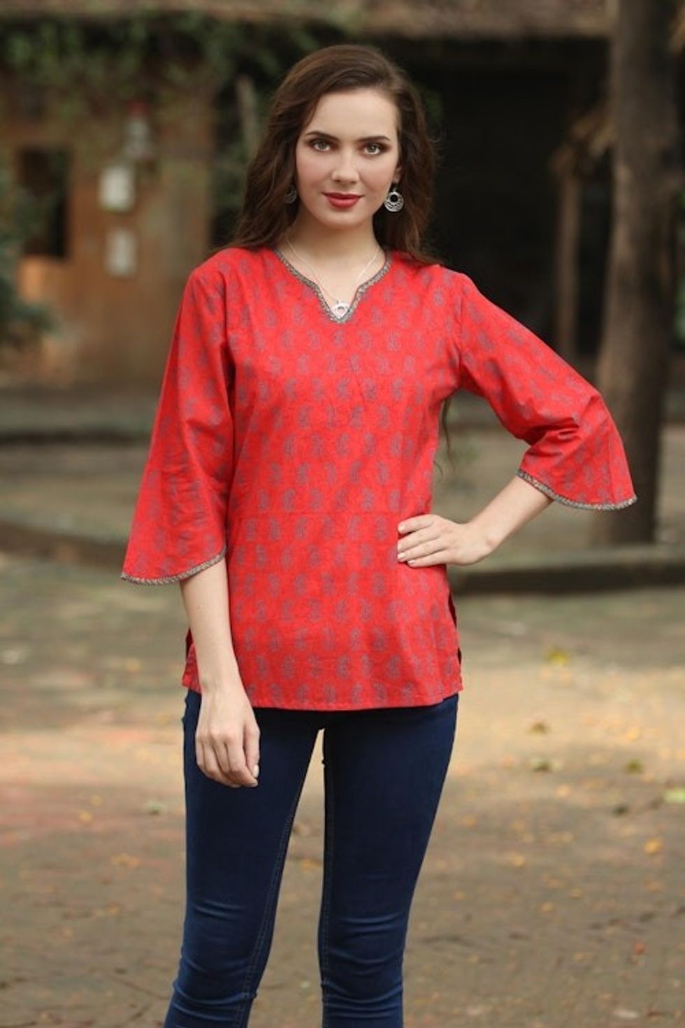 Handmade Block Print Paisley Cotton Tunic Top from India 'Crimson Delhi'