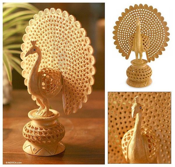 Alternate image for Hand Carved Jali Style Wood Peacock Sculpture India Peacock Pose