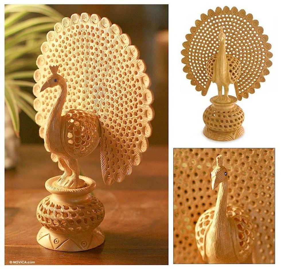 Hand Carved Jali Style Wood Peacock Sculpture India 'Peacock Pose'