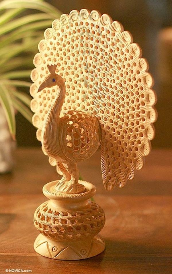 Alternate image for Hand Carved Jali Style Wood Peacock Sculpture India Peacock Pose