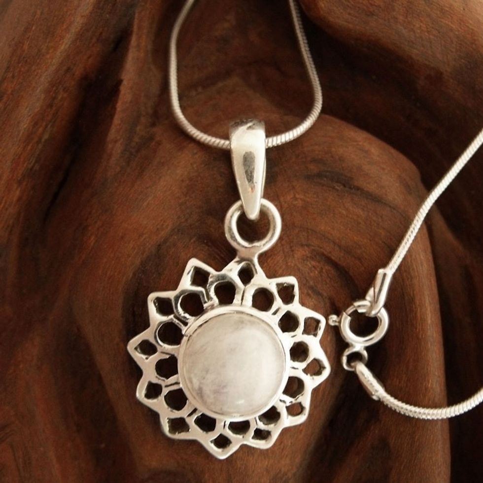 Fair Trade Jewelry Sterling Silver and Moonstone Necklace 'Cool Sunshine'
