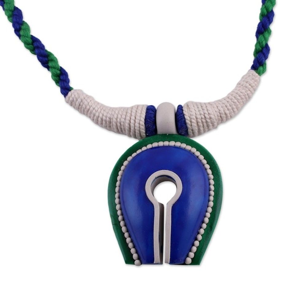 Handcrafted Ceramic and Cotton Pendant Necklace from India 'Locked Away'