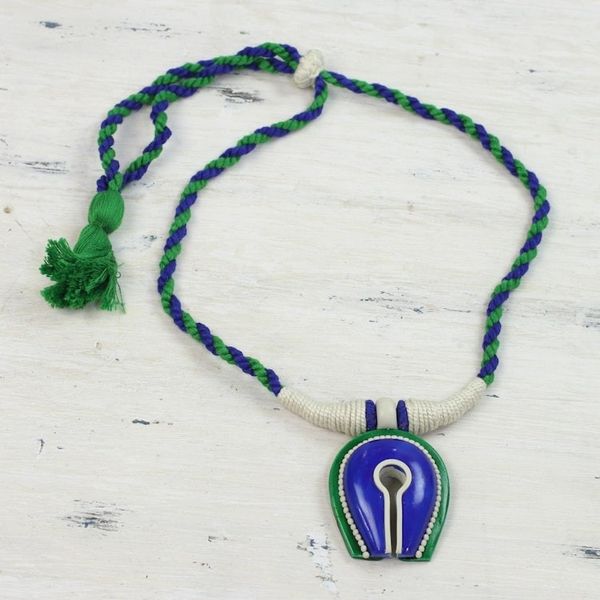 Alternate image for Handcrafted Ceramic and Cotton Pendant Necklace from India Locked Away