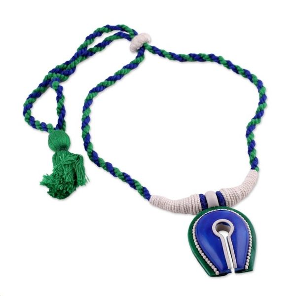 Alternate image for Handcrafted Ceramic and Cotton Pendant Necklace from India Locked Away