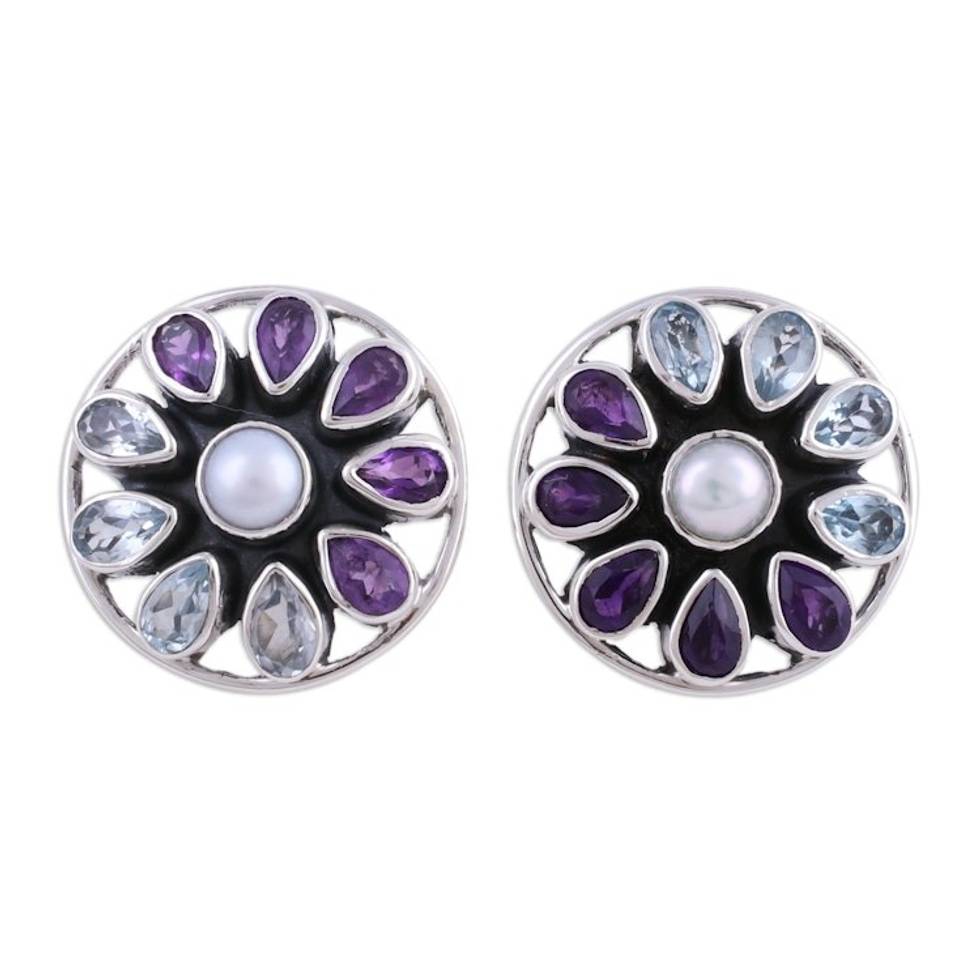 Star-Shaped Multi-Gemstone Button Earrings from India 'Glittering Stars'