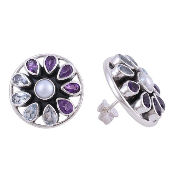 Alternate image for Star-Shaped Multi-Gemstone Button Earrings from India Glittering Stars
