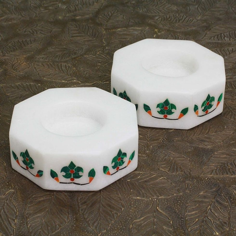 Octagon Marble Tealight Holder with Green Buds Pair 'Floral Alliance in Green'
