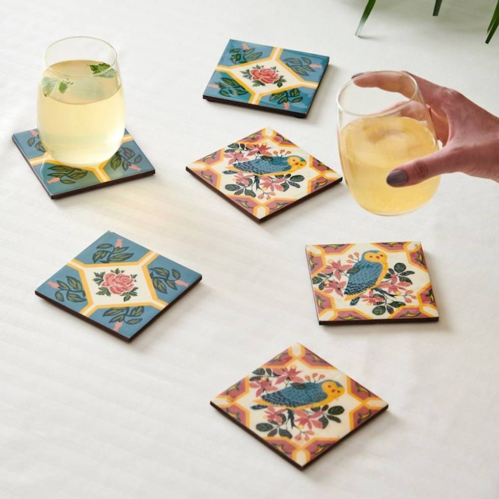 Set of 6 Hand Painted Colorful Wood Coasters from India 'Vintage Vibe'