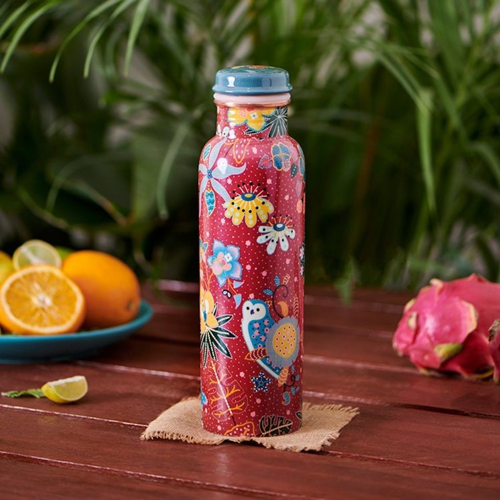 Red Garden Theme Copper Water Bottle from India 'Lodhi Garden'
