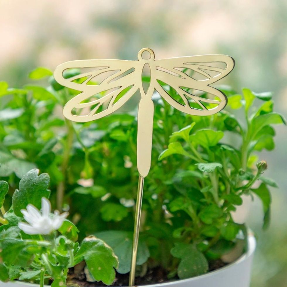 Handcrafted High-Polished Brass Dragonfly Plant Stake 'Shining Dragonfly'