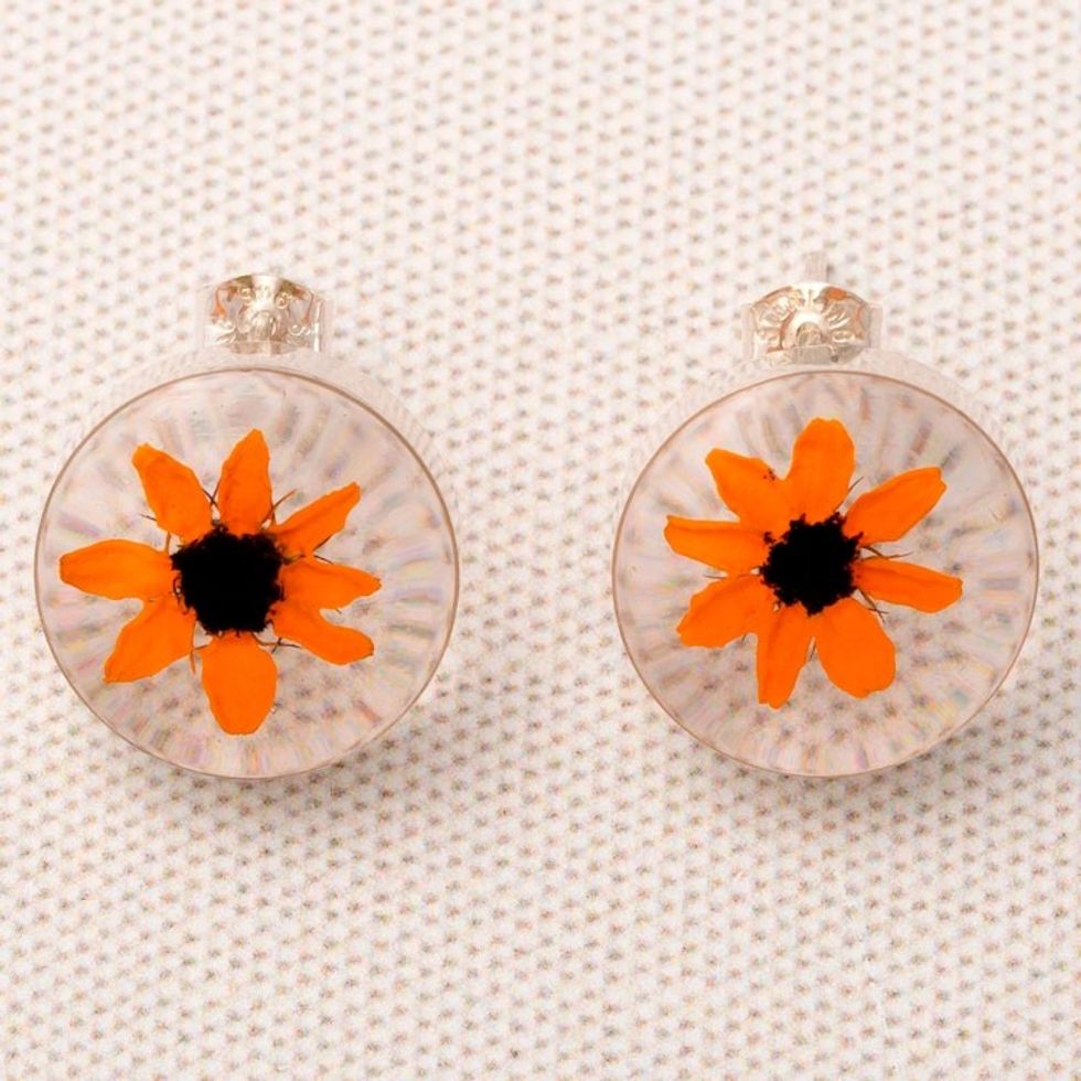 Real Flower Resin Stud Earrings with Sterling Silver Accent 'Sweet Bloom'