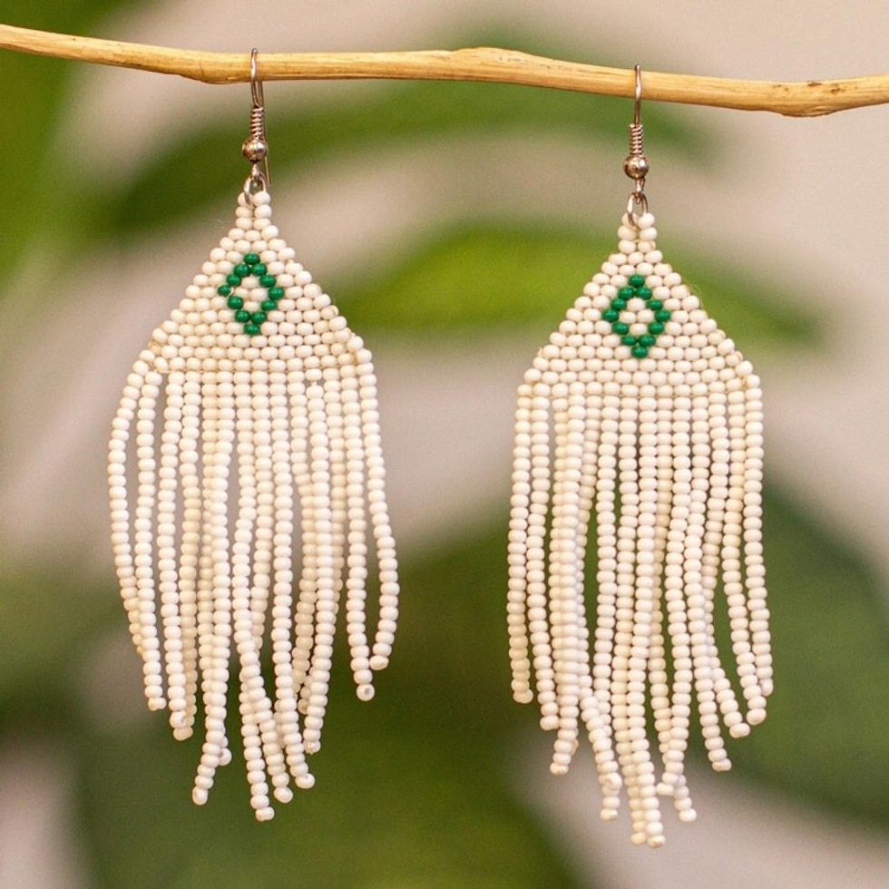 White and Turquoise Beaded Long Earrings 'Mount Kenya'