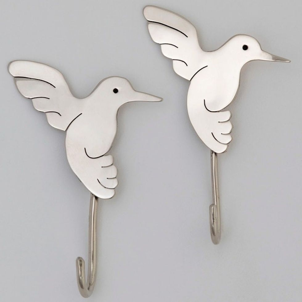 Set of 2 Metal Hummingbird Wall Hooks from Mexico 'Flying Hummingbirds'
