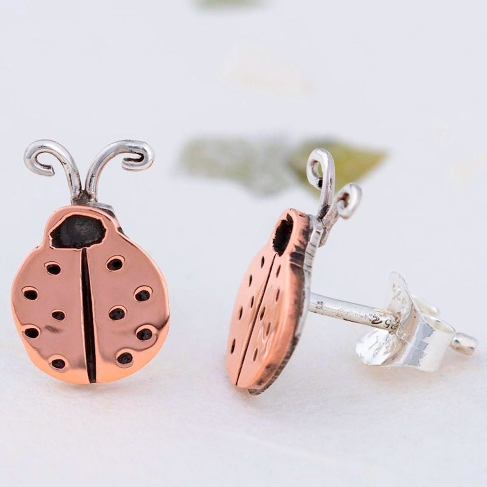 Sterling Silver and Copper Ladybug Stud Earrings 'Lucky Ladybug'