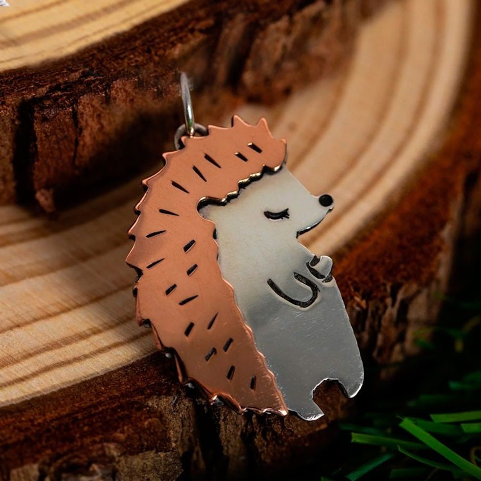 Sterling Silver and Copper Hedgehog Pendant from Mexico 'Happy Hedgehog'