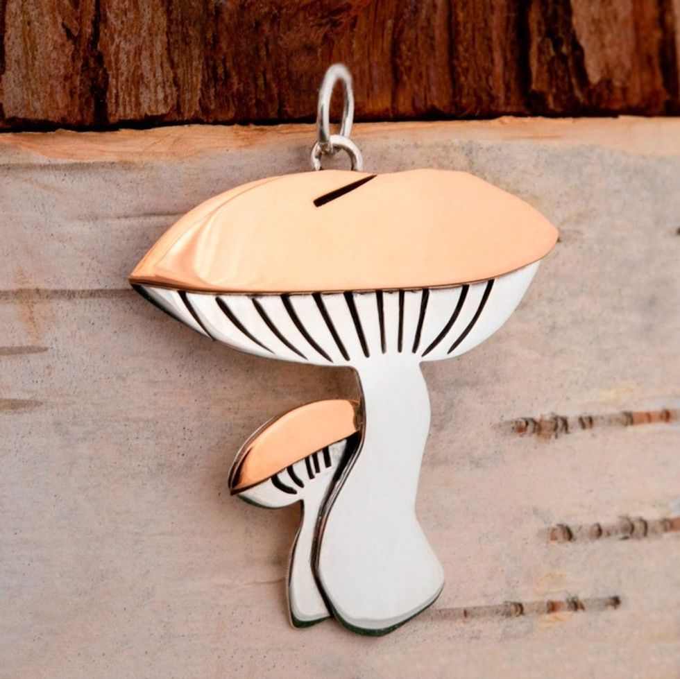 Sterling Silver and Copper Mushroom Fungi Pendant 'Mushroom Duo'