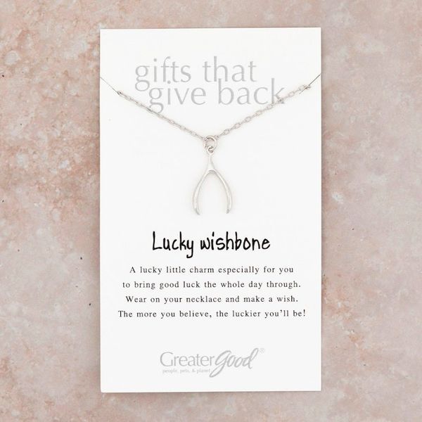 Alternate image for Polished Silver-Plated Pewter Wishbone Pendant Necklace Lucky Wishbone
