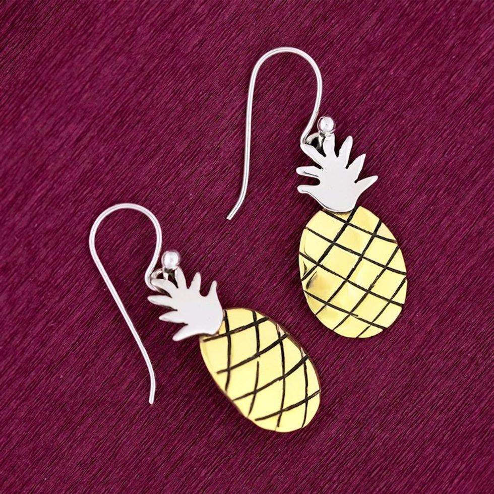 Polished Sterling Silver and Brass Pineapple Dangle Earrings 'Juicy Pineapple'