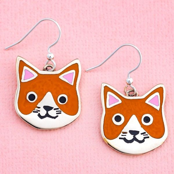 Alternate image for Orange Tabby-Shaped Alpaca Silver and Brass Dangle Earrings Orange Tabby