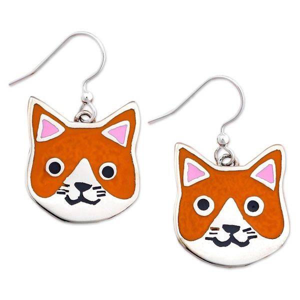 Alternate image for Orange Tabby-Shaped Alpaca Silver and Brass Dangle Earrings Orange Tabby