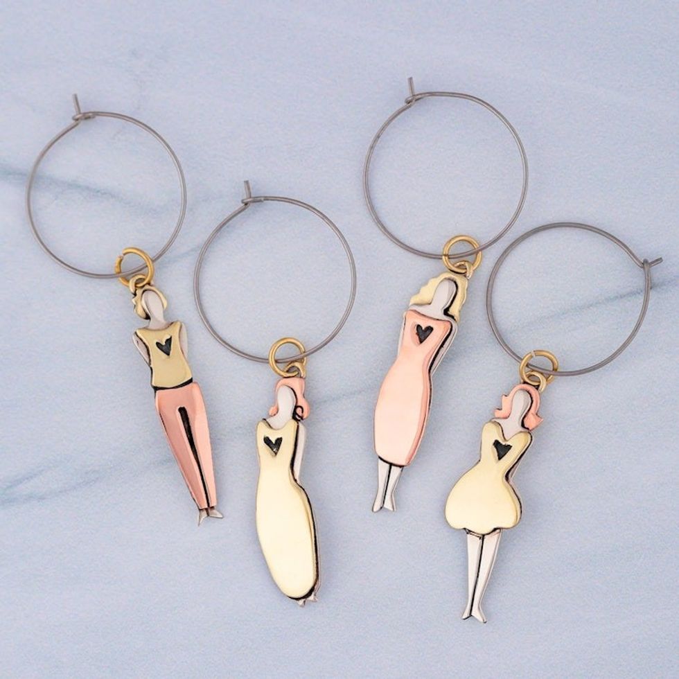 Set of 4 Mixed Metal Sisterhood Wine Charms 'Sisterhood'