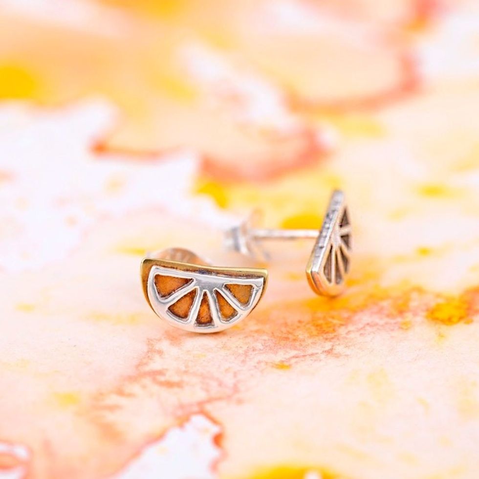 Whimsical Sterling Silver and Brass Lemon Stud Earrings 'Lemon Slice'