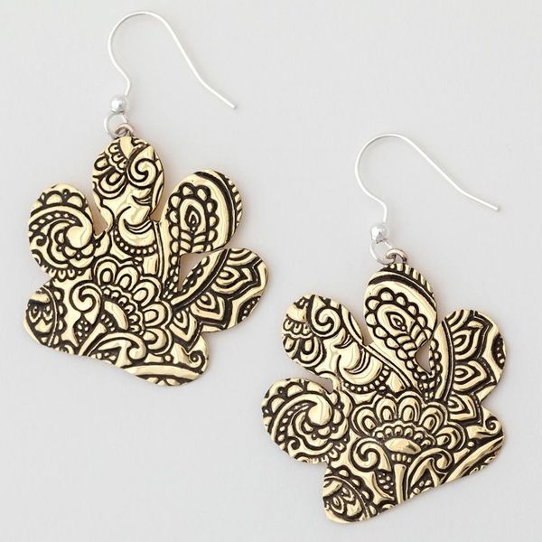 Alternate image for Brass Paw Dangle Earrings with Embossed Paisley Motifs Noble Paisley Paws